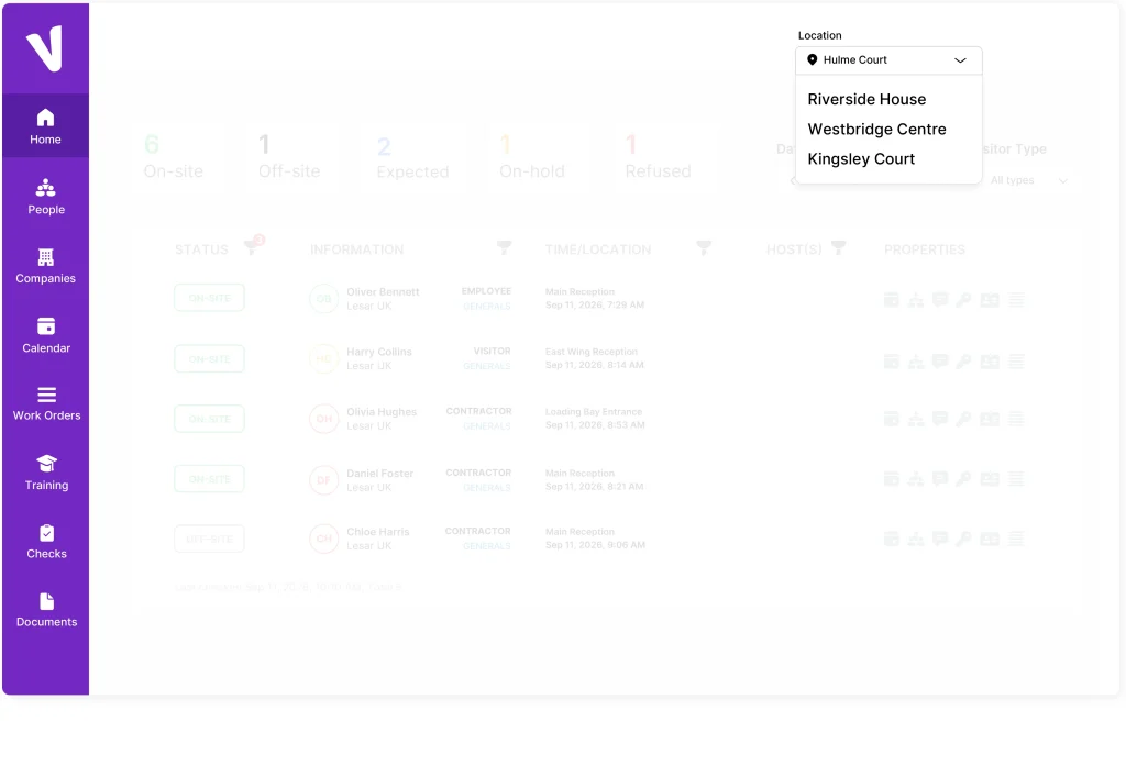 image of a visitor management system showing ability to select multiple locations from one dashboard