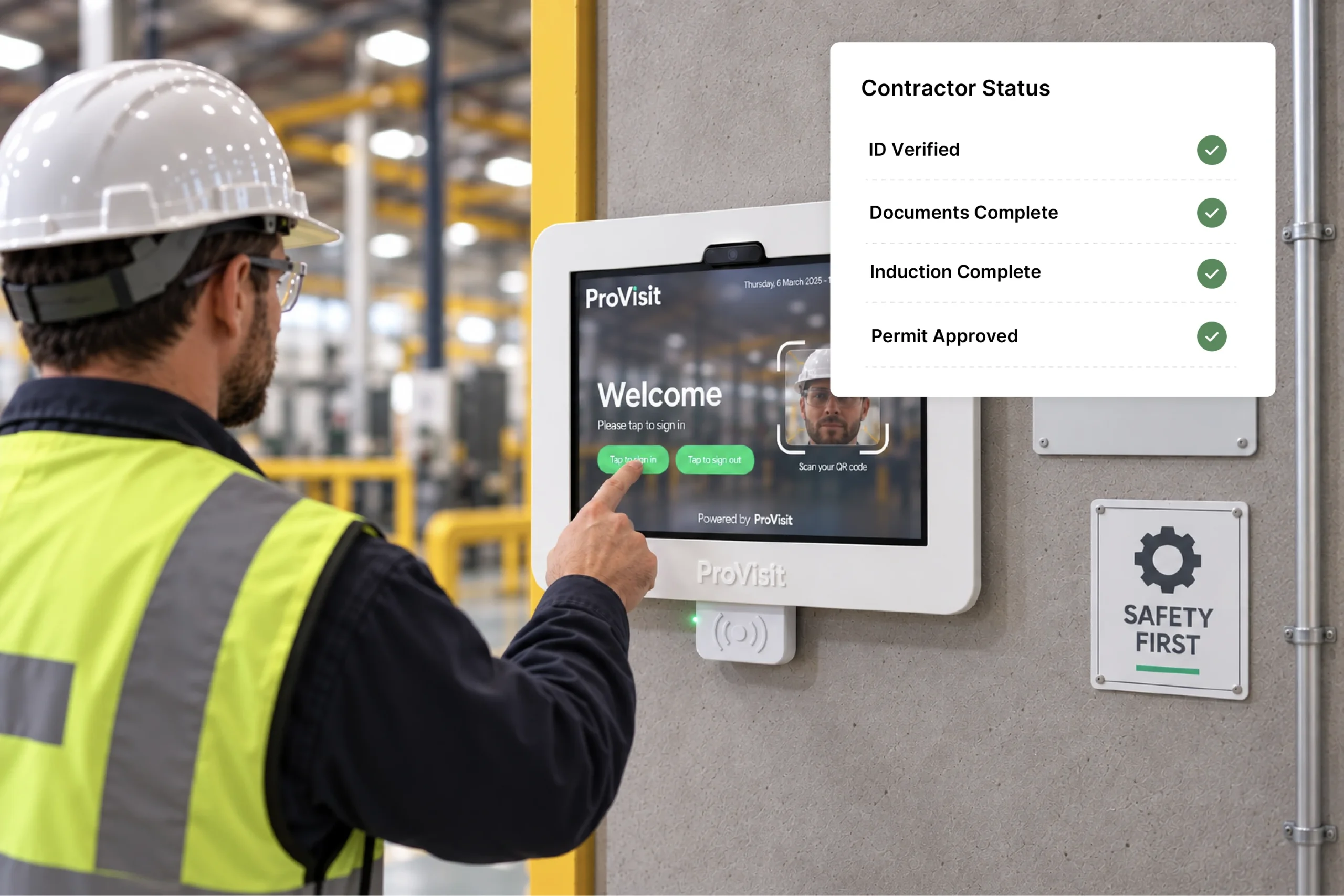 an image of a contractor signing in at a kiosk with all pre-screening approved